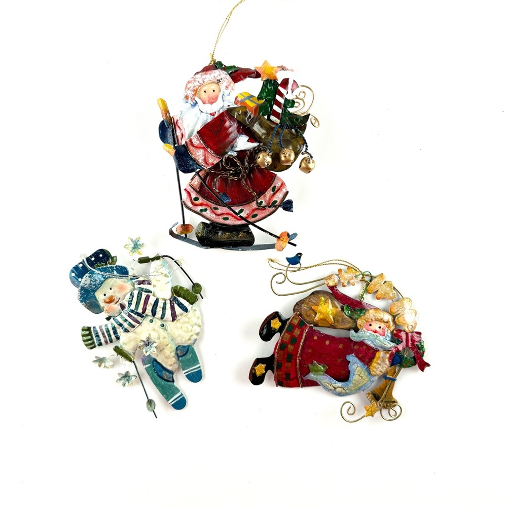 Enameled Tin Festive Christmas Ornaments. Set of Three.